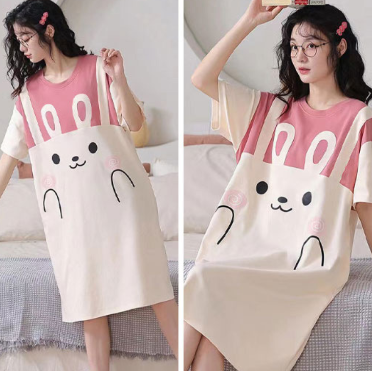 Women's Summer Milk Silk Nightgown, Cartoon Short Sleeve Sleep Dress, Plus Size Pajamas