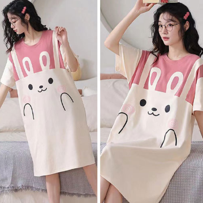 Women's Summer Milk Silk Nightgown, Cartoon Short Sleeve Sleep Dress, Plus Size Pajamas