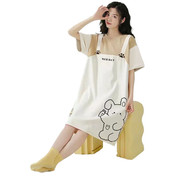 Women's Summer Milk Silk Nightgown, Cartoon Short Sleeve Sleep Dress, Plus Size Pajamas