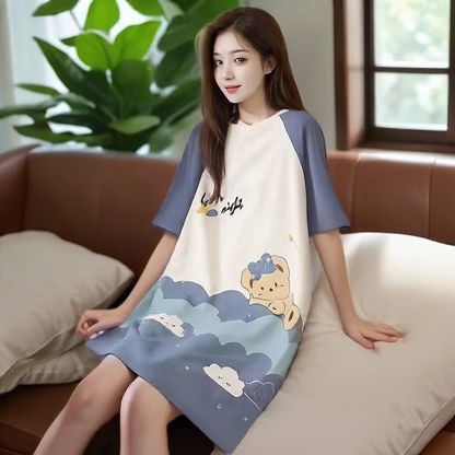 Women's Summer Milk Silk Nightgown, Cartoon Short Sleeve Sleep Dress, Plus Size Pajamas