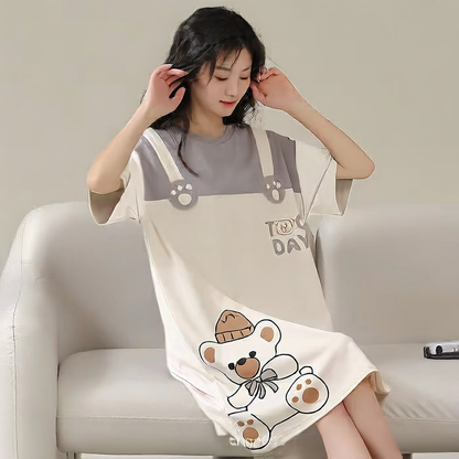 Women's Summer Milk Silk Nightgown, Cartoon Short Sleeve Sleep Dress, Plus Size Pajamas