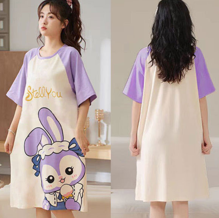 Women's Summer Milk Silk Nightgown, Cartoon Short Sleeve Sleep Dress, Plus Size Pajamas