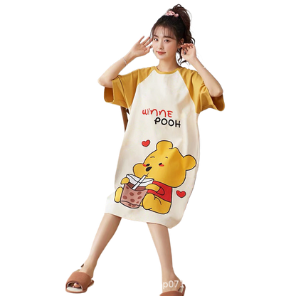 Women's Summer Milk Silk Nightgown, Cartoon Short Sleeve Sleep Dress, Plus Size Pajamas