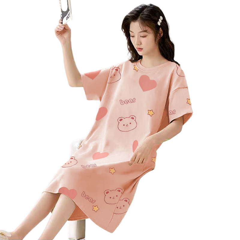 Women's Summer Milk Silk Nightgown, Cartoon Short Sleeve Sleep Dress, Plus Size Pajamas