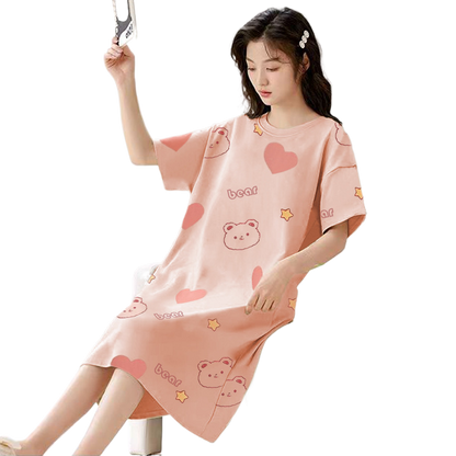 Women's Summer Milk Silk Nightgown, Cartoon Short Sleeve Sleep Dress, Plus Size Pajamas