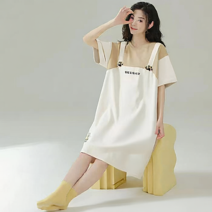 Women's Summer Milk Silk Nightgown, Cartoon Short Sleeve Sleep Dress, Plus Size Pajamas