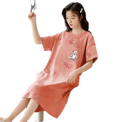 Women's Summer Milk Silk Nightgown, Cartoon Short Sleeve Sleep Dress, Plus Size Pajamas
