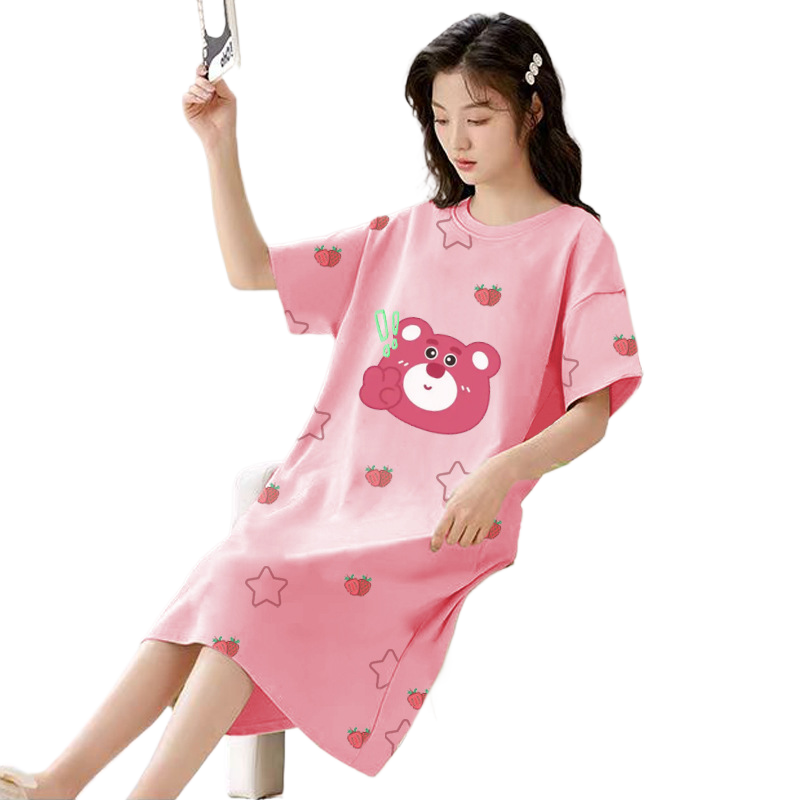 Women's Summer Milk Silk Nightgown, Cartoon Short Sleeve Sleep Dress, Plus Size Pajamas