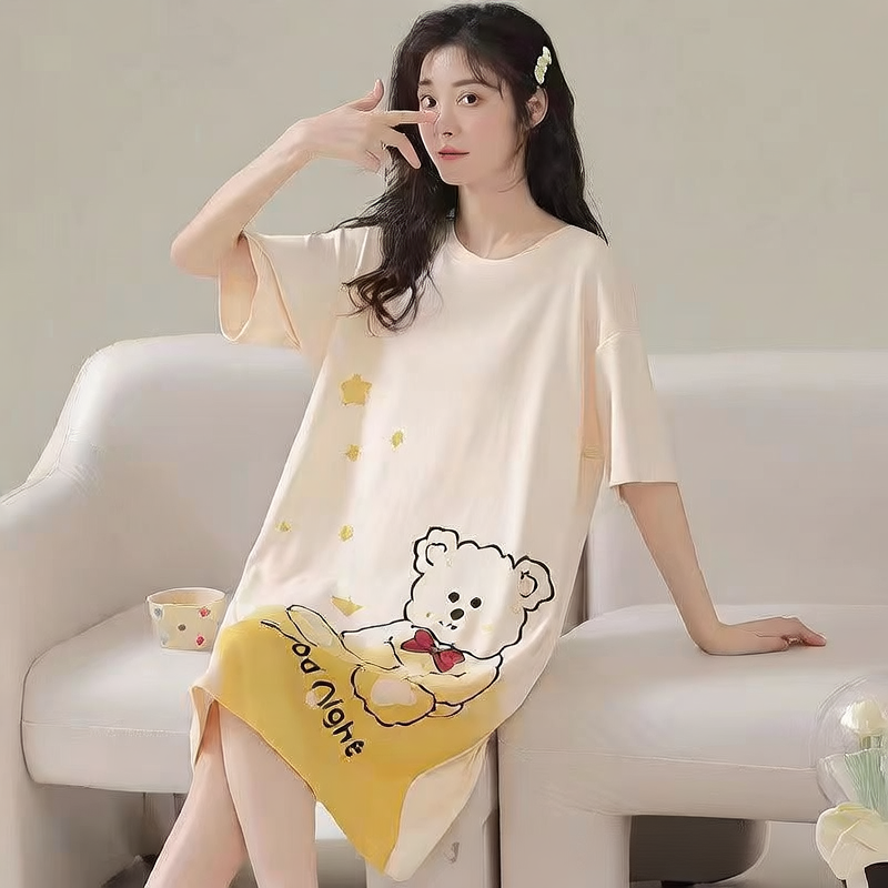 Women's Summer Milk Silk Nightgown, Cartoon Short Sleeve Sleep Dress, Plus Size Pajamas