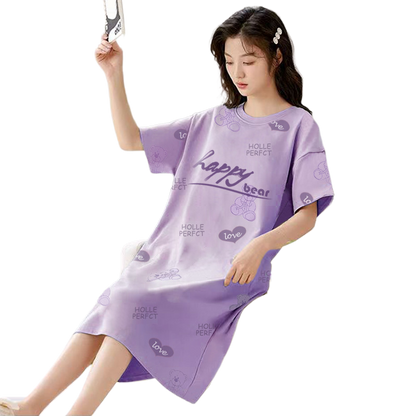 Women's Summer Milk Silk Nightgown, Cartoon Short Sleeve Sleep Dress, Plus Size Pajamas
