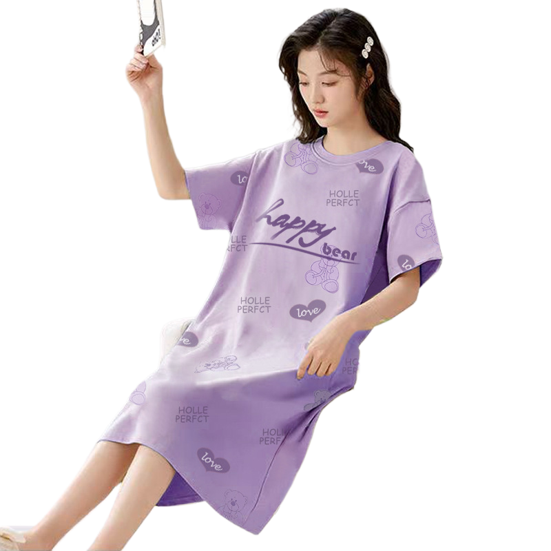 Women's Summer Milk Silk Nightgown, Cartoon Short Sleeve Sleep Dress, Plus Size Pajamas