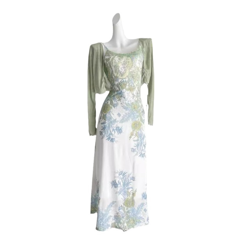 Women's Summer New Chinese-Style Retro Jacquard Cardigan & Camisole Dress Set