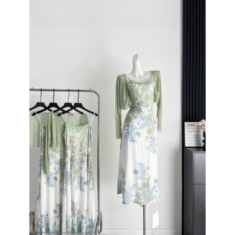 Women's Summer New Chinese-Style Retro Jacquard Cardigan & Camisole Dress Set