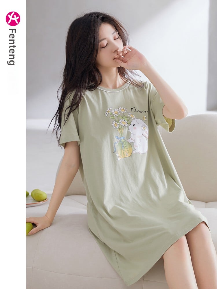 Women's Summer pure cotton Thin cute Short-Sleeved Pajamas Home Wear Girls Summer sexy Dress