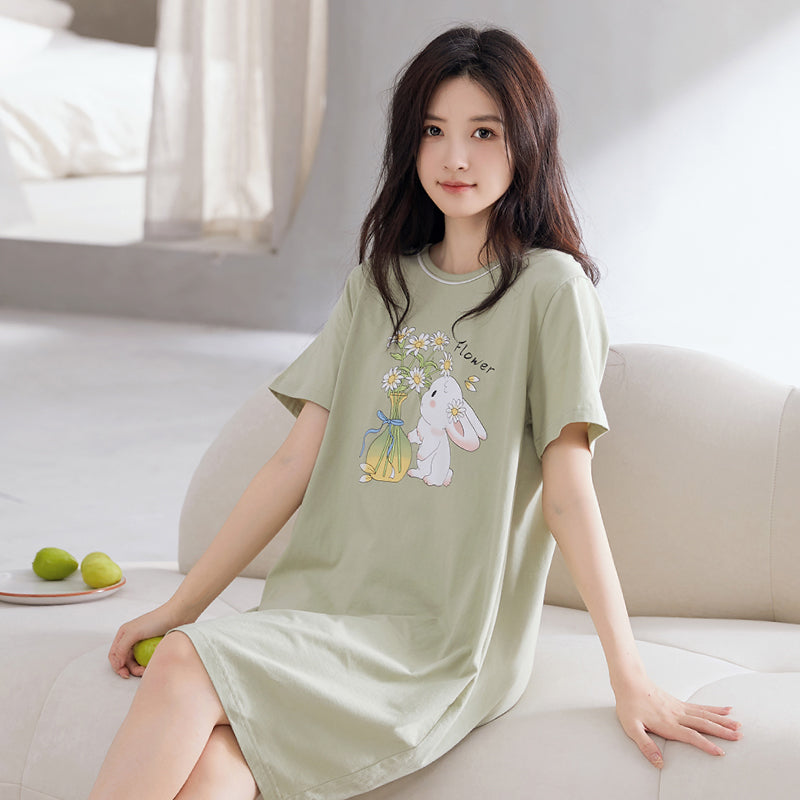 Women's Summer pure cotton Thin cute Short-Sleeved Pajamas Home Wear Girls Summer sexy Dress