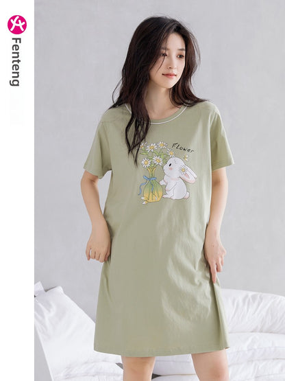 Women's Summer pure cotton Thin cute Short-Sleeved Pajamas Home Wear Girls Summer sexy Dress