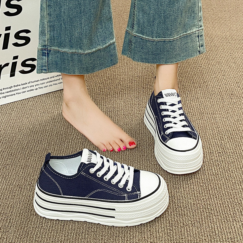 Women’s Thick-Sole Black Canvas Casual Platform Shoes