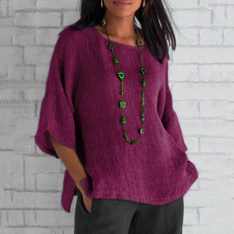 Women's Three-Quarter Sleeve Round Neck Linen Shirt Top