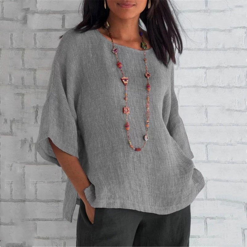 Women's Three-Quarter Sleeve Round Neck Linen Shirt Top