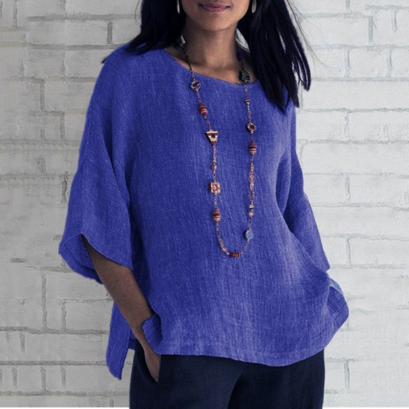Women's Three-Quarter Sleeve Round Neck Linen Shirt Top
