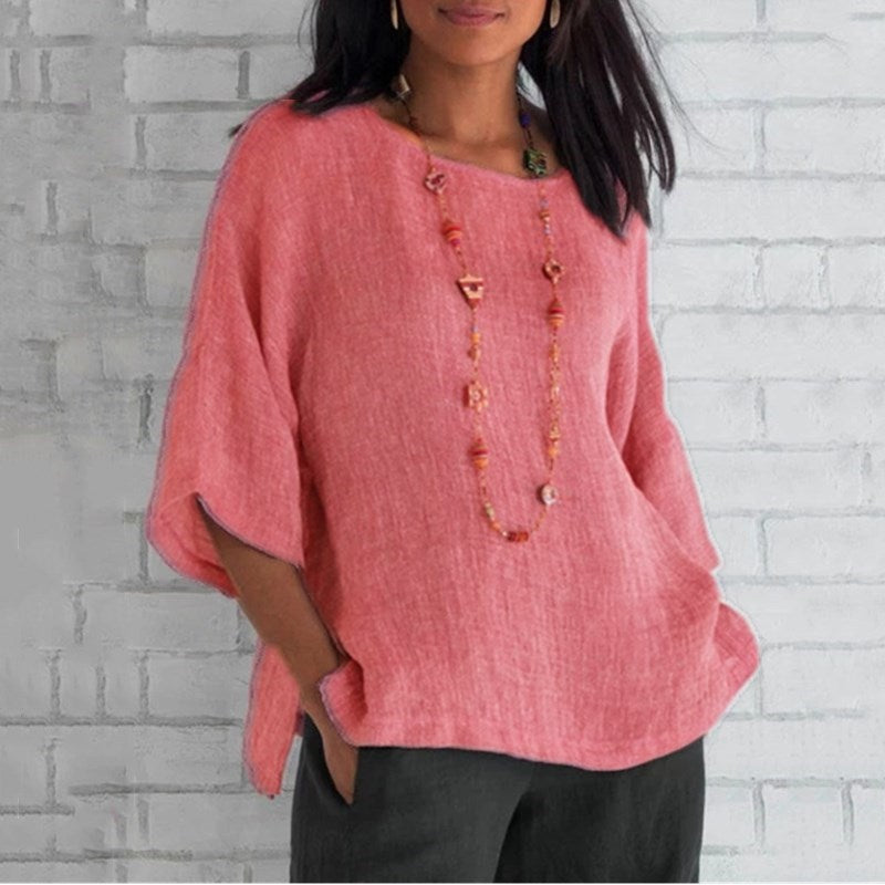 Women's Three-Quarter Sleeve Round Neck Linen Shirt Top