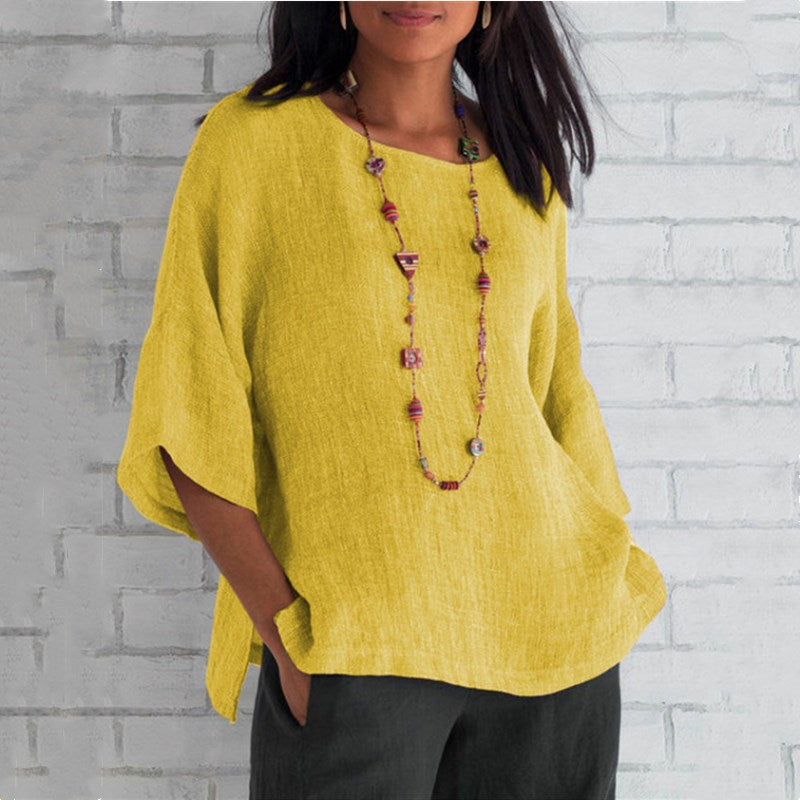 Women's Three-Quarter Sleeve Round Neck Linen Shirt Top