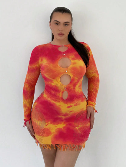 Women's Tie-Dye Cut-Out Long-Sleeve Dress