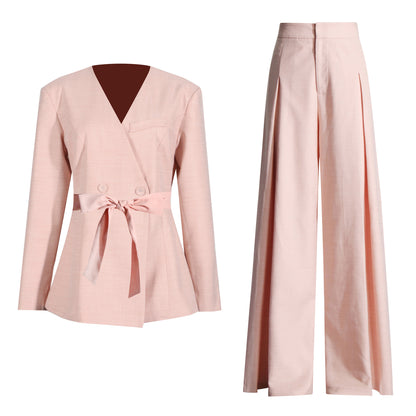 Women's Tie-Waist Blazer and Straight-Leg Pants Set