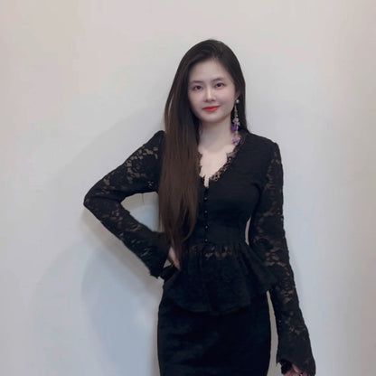 Women's two-piece set: long-sleeved top and high-waisted skirt