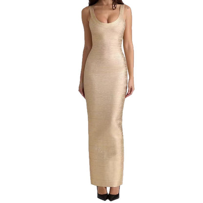 Women's U-Neck Sleeveless Gold Foil Dress