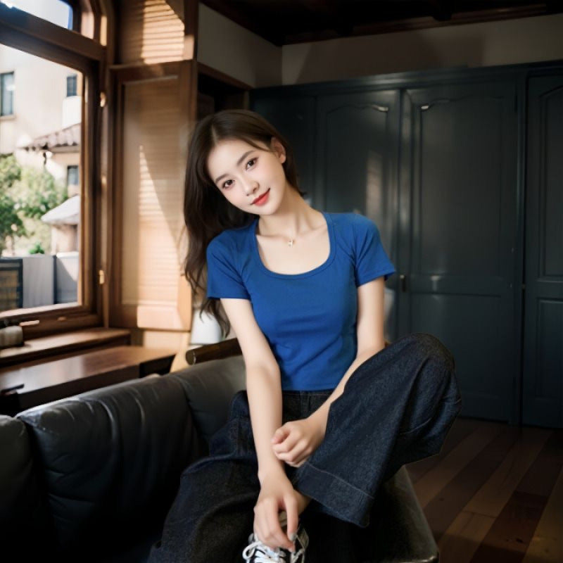 Women's U-Neck Slim Fit T-Shirt Short Sleeve Top