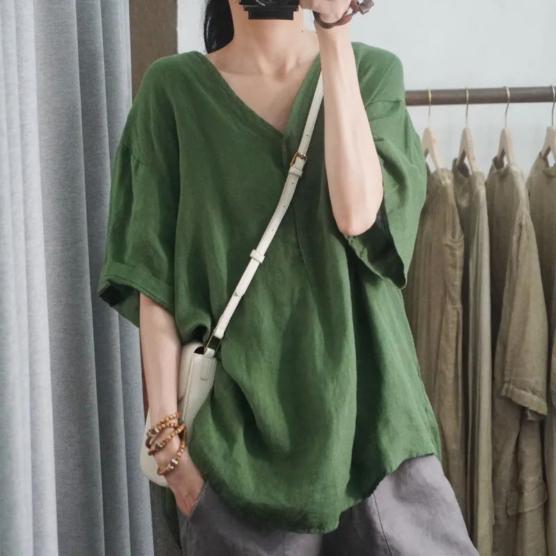 Women's V-Neck Cotton Linen T-Shirt