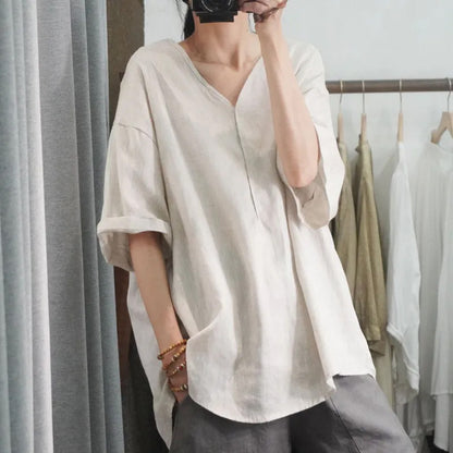 Women's V-Neck Cotton Linen T-Shirt