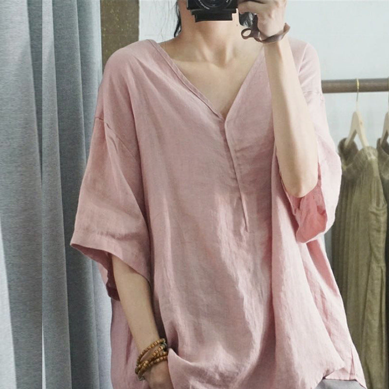 Women's V-Neck Cotton Linen T-Shirt