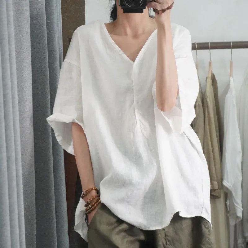 Women's V-Neck Cotton Linen T-Shirt