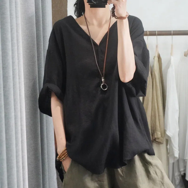 Women's V-Neck Cotton Linen T-Shirt