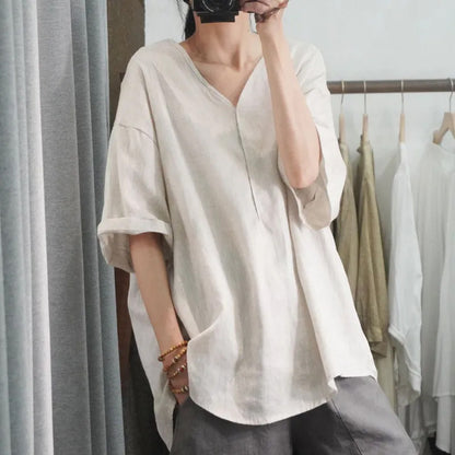 Women's V-Neck Cotton Linen T-Shirt