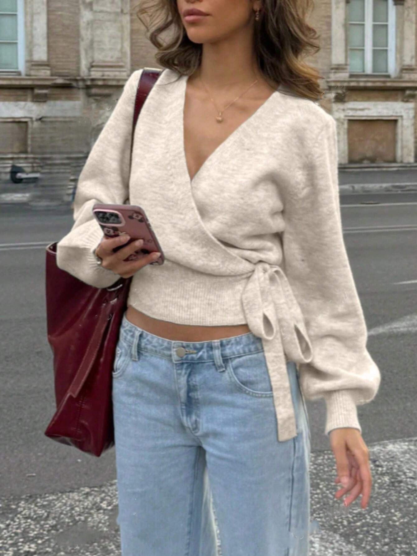 Women's V-neck Cross Strap Knitted Sweater