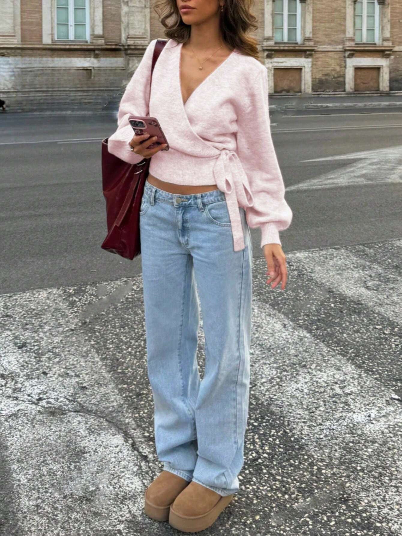 Women's V-neck Cross Strap Knitted Sweater
