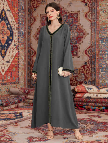Women's V Neck Embroidered Long Dress