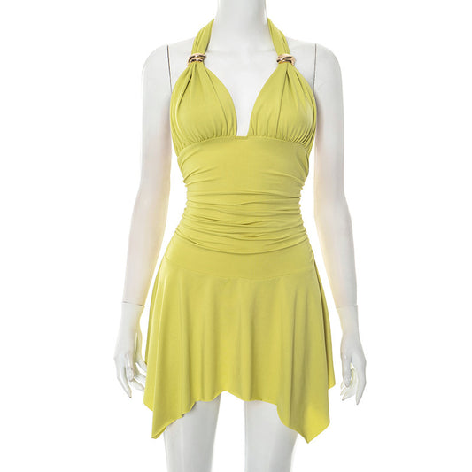 Women's V-Neck Halter Pleated Dress