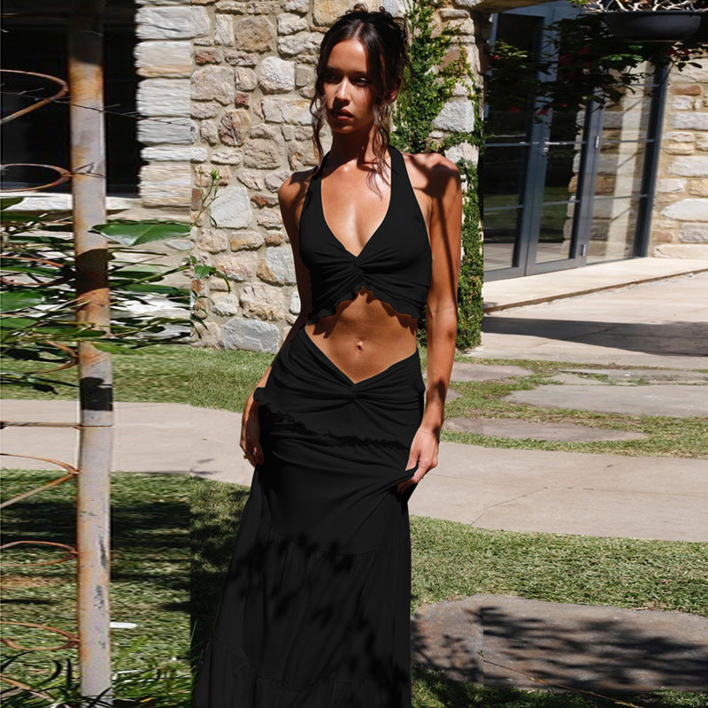 Women's V-Neck Halter Top and Long Skirt Set
