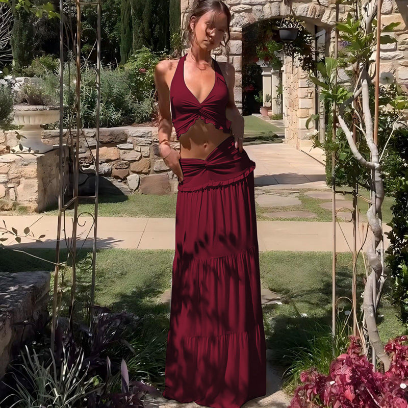 Women's V-Neck Halter Top and Long Skirt Set