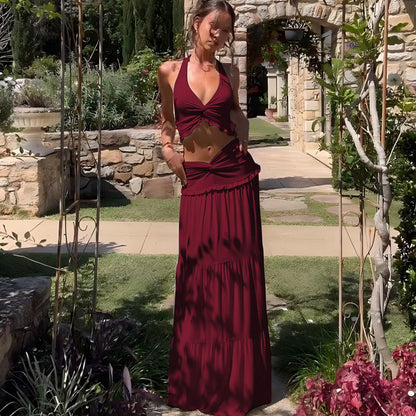 Women's V-Neck Halter Top and Long Skirt Set