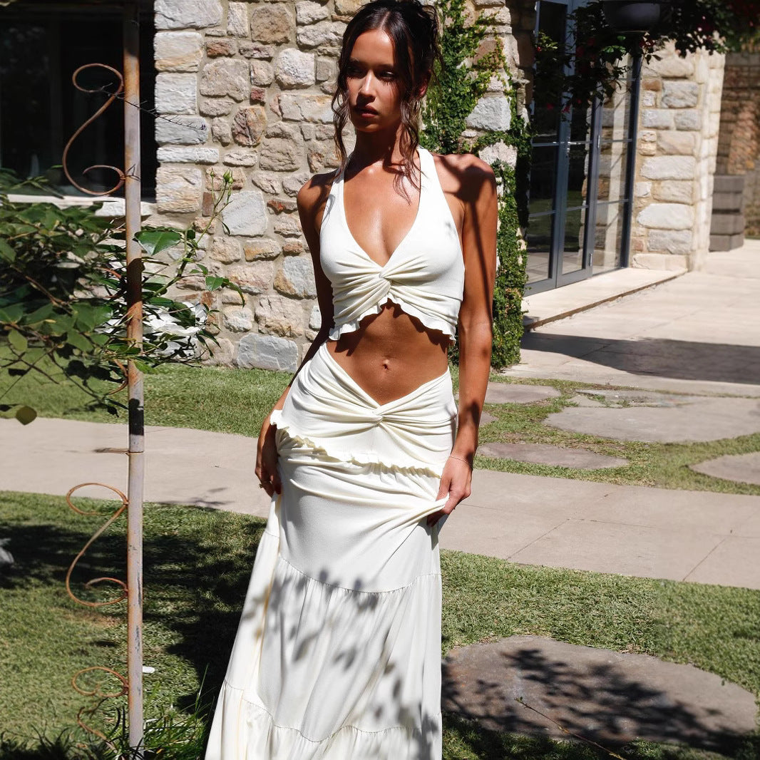 Women's V-Neck Halter Top and Long Skirt Set