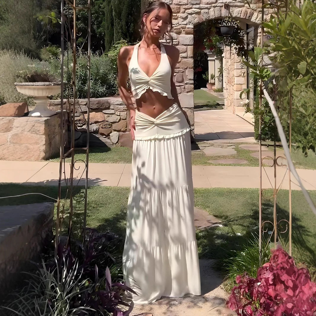 Women's V-Neck Halter Top and Long Skirt Set