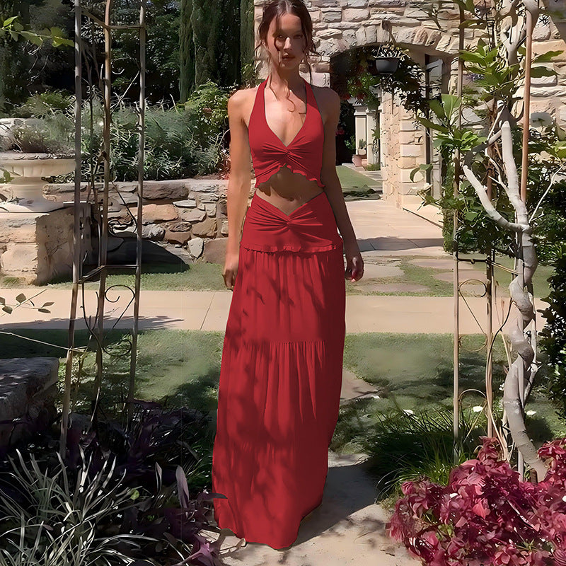 Women's V-Neck Halter Top and Long Skirt Set