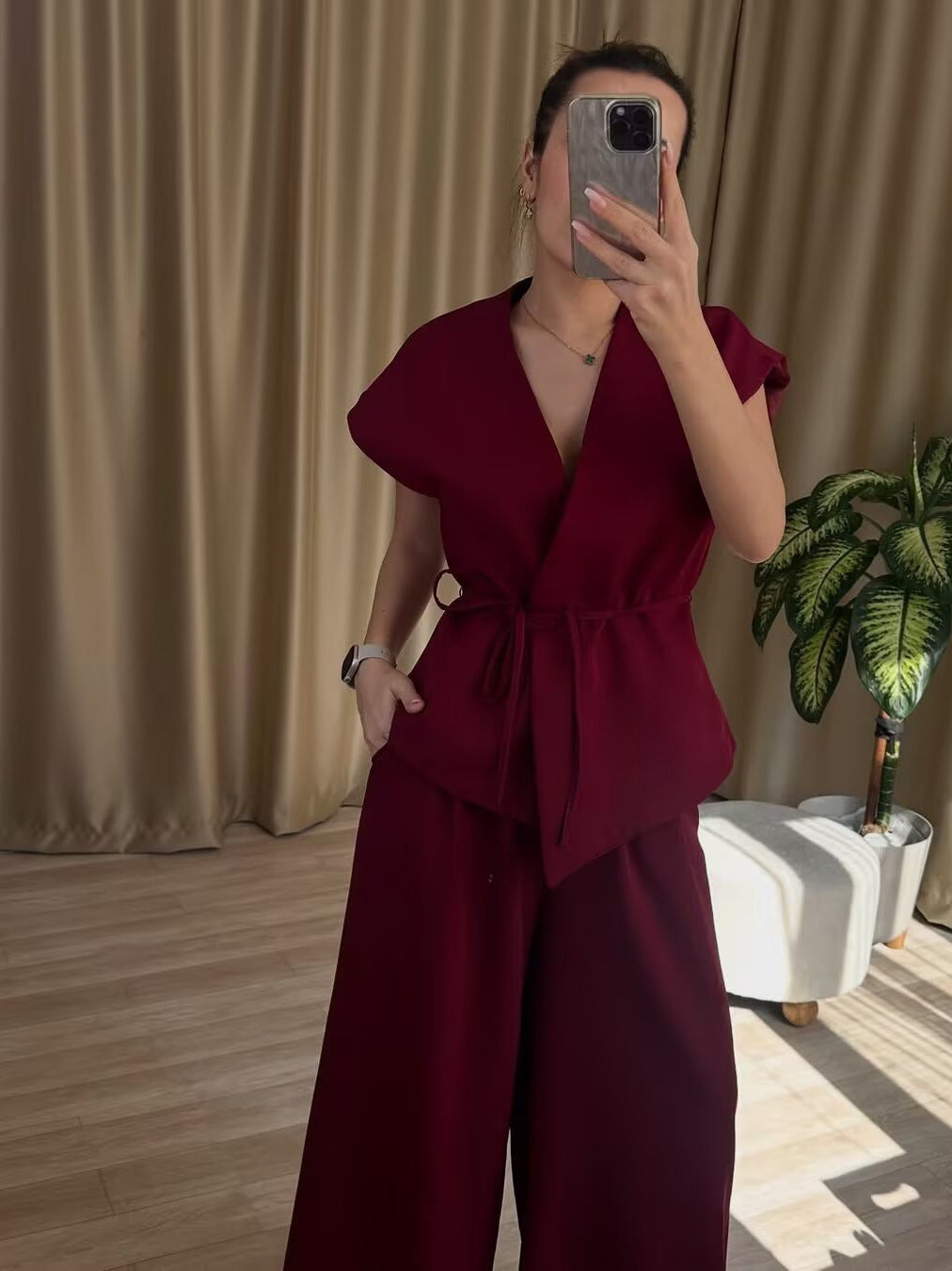 Women's V-Neck Kimono Sleeve Shirt and Pants Set