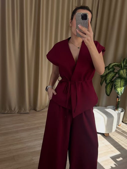 Women's V-Neck Kimono Sleeve Shirt and Pants Set