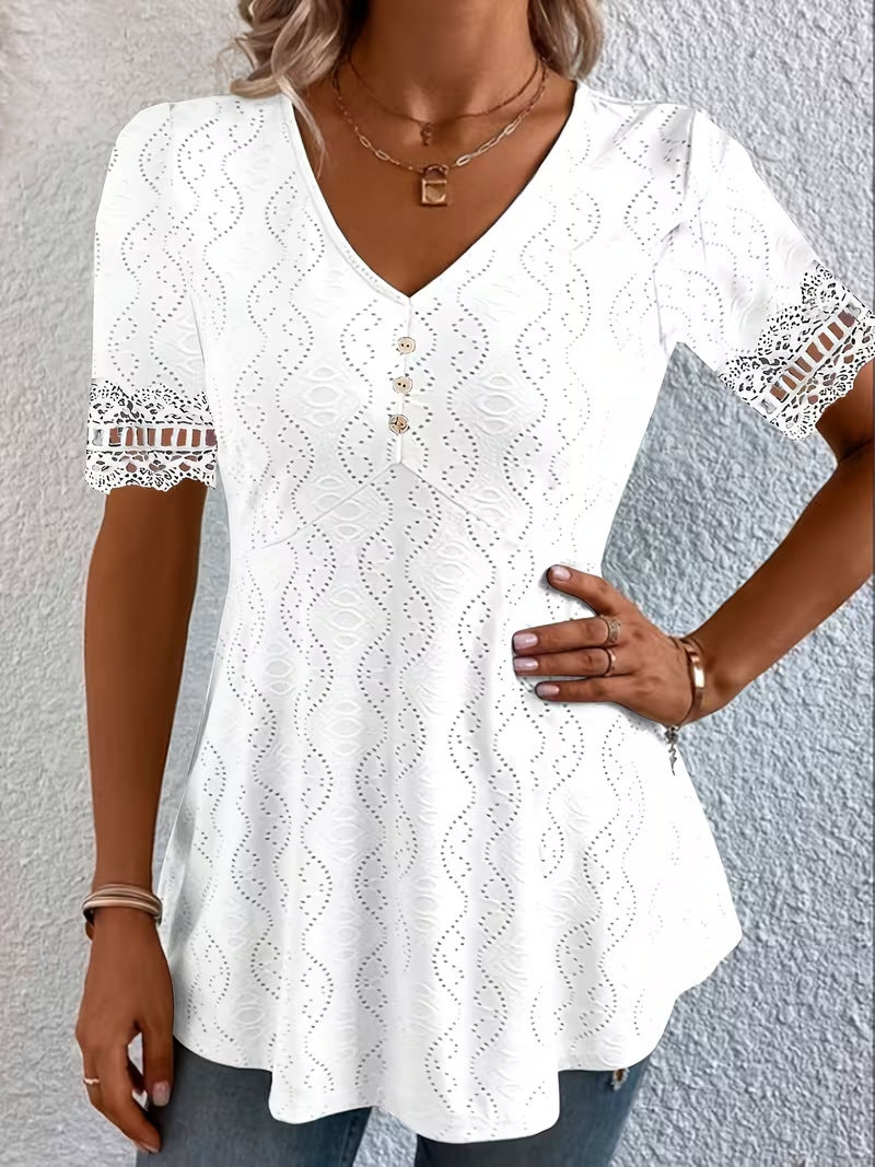 Women's V-Neck Lace Short Sleeve Top